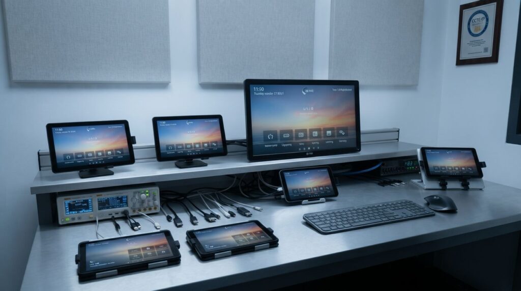 Google TV hotel test lab with screens running the Viggo interface